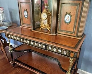 Walnut and bronze writing desk from France, has porcelain inlays