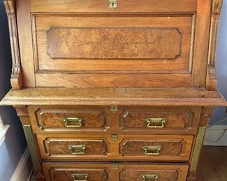 Antique writing desk with burl wood