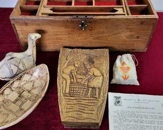 Arabic Chest, Camel Figure and Boat, Hand Carved Haitian Kay Game,