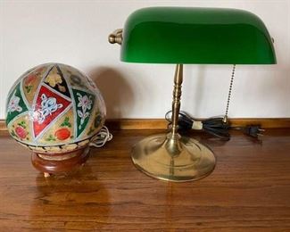 Brass Desk Lamp w Green Glass Shade Sphere Light