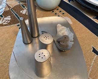 Handcrafted and signed pewter salt pepper and tray