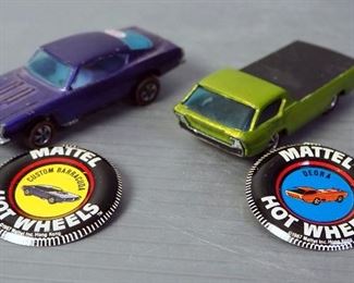 Vintage Mattel Red Line Hot Wheels Die Cast Cars With Metal Button, Qty 2, Including Custom Barracuda, And Deora
