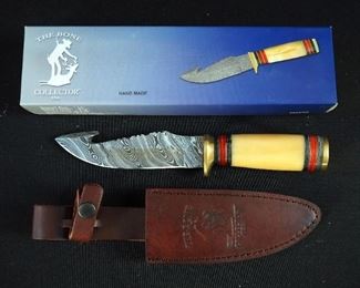 The Bone Collector 10" Bone Handled Hunting Knife With Gut Hook And Damascus Blade, New In Box