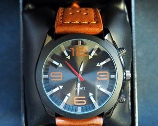 Mens Large Face Water Resistant Quartz Wristwatch With Leather Band, New In Box