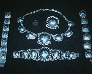 Vintage Siam Sterling Silver Jewelry Including Necklace, Brooch, Ring, And Assorted Bracelets, Total Qty 6 Pieces