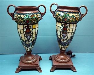 Stained Glass Urn Style Table Lamps, Qty 2, 20" Tall