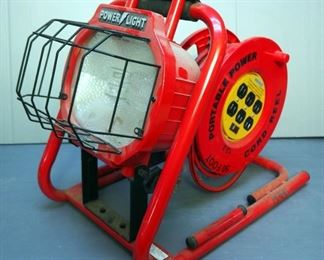 Power Light Halogen Shop Light With 50' Extension Cord Reel, Includes Replacement Bulb, Model L-5309 And LED 100 Watt Flood Light, Powers On