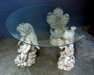 Glass Top Cherub Table, 18.5" x 32" Diameter