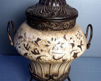 Metal Footed Urn With Lid, 16" Tall