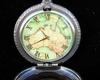Bronze Tone Battery Powered Pocket Watch With Old World Map And Glass Face Lid On 31" Chain