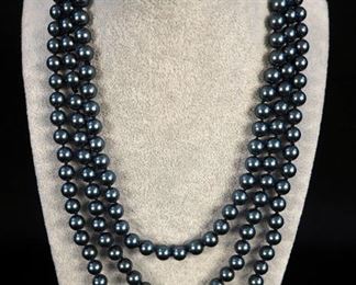 Authentic 7-8mm Round Black Fresh Water Pearl Single Strand Necklace, Total Length 64"