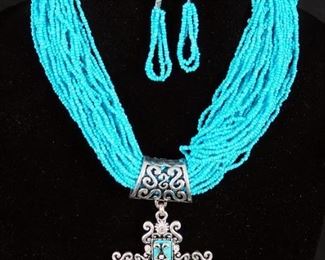 Turquoise Seed Bead & Cross Pendant 19" Necklace And Matching Earrings