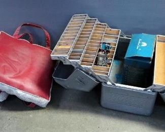 Vintage Metal Expanding Tackle Box, Langley And Rolls Reels, 12V Coffee Maker And Aqua Float Buoyant Cushions Qty 2