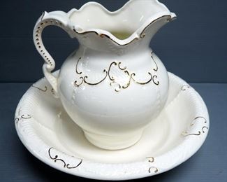Arneis Pottery Roxanne Basin And Pitcher Set, Cream And Gold