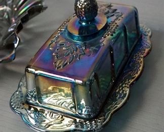 Indiana Glass Company Harvest Grape Carnival Glass Iridescent Blue Goblets, Qty 6, Covered Butter Dish And 10" Ruffle Edge Bowl