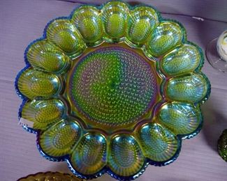 Green Colored Pressed Glass Dishes Including Pedestal Candy Dish, Egg Serving Tray, Footed Bowls, Art Glass Vase, Toothpick Holder And More, Qty 8