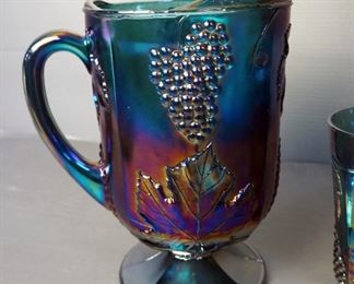 Vintage Indiana Glass Company Harvest Grape Iridescent Blue Tumblers, Qty 4, And 10" Footed Pitcher