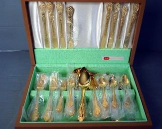 Rogers Gold Toned Stainless 54 Piece Flatware Set In Wood Storage Box, Pattern Unknown, Marked Korea
