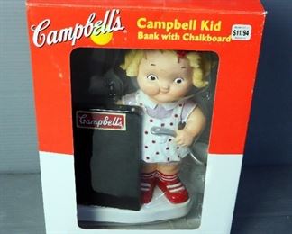 Campbells Soup Company Campbell Kid Bank With Chalkboard, In Original Box, 10.5" Tall