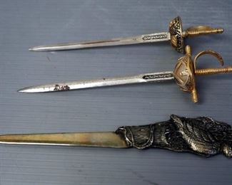 Miniature Sword Letter Openers, Qty 2, And Quail Letter Opener