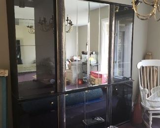 1 of 2 Large Black Lacquer and Mirror Wall Cabinet With Wet Bar on Right Side Of Unit.