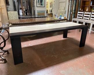 Vanguard travertine and wood dining table