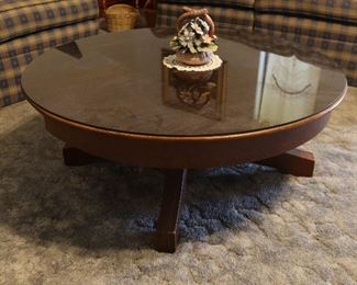 Antique Oak Round Coffee Table with Glass Top