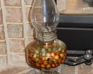 Vintage Oil Lamp full of Vintage Marbles