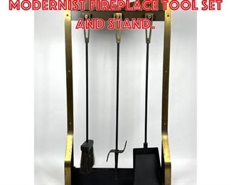 Lot 201 Brass and Wood Modernist Fireplace Tool Set and Stand. 