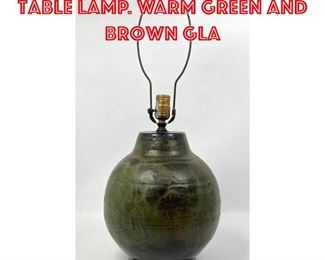 Lot 247 MCM Glazed Pottery Table Lamp. Warm green and brown gla