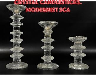 Lot 261 3pc TIMO SARPANEVA Crystal Candlesticks. Modernist Sca