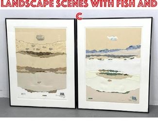 Lot 322 2pc Signed mixed media landscape scenes with fish and c