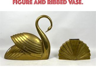 Lot 394 2pcs Brass. Swan form Figure and Ribbed Vase. 