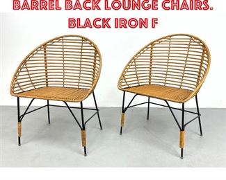 Lot 424 Pr Woven Rattan Barrel Back Lounge Chairs. Black Iron F