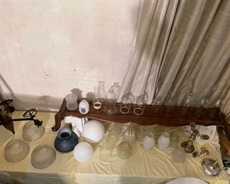 Antique gas light fixture, shades, chimneys