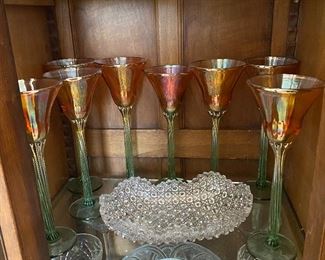 1970s Rick Strini Tall Iridescent Orange & Green Goblets