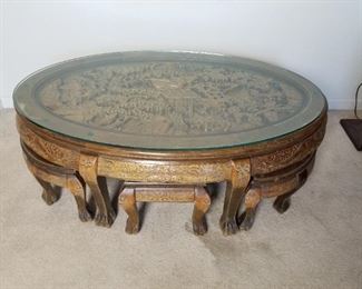 Asian carved Teak Wood Table with 6 nesting chairs