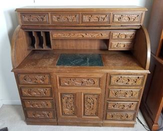 Vintage Asian carved roll-top desk