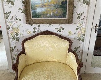 Margaret A. Rice Landscape Painting with Carved French Style Arm Chair