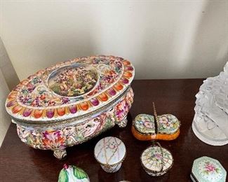 Capo di Monte Casket with collection of Limoges and Enamel Boxes