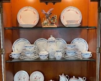 Cauldon Plates with Cups and Saucers, Furstenberg Blue and White Dessert Set, and Foley “Maytime” Breakfast Set