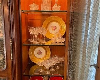 Queen Lace Cut Glass Items, Pair of Gilt Rim Hutschenreuther Plates and 6 Fitz&Floyd “Medallion d’Or” Dessert Plates