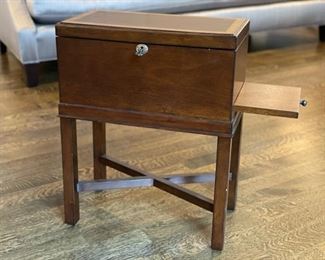 Vintage box and stand side table with hidden pull out shelf and satinwood banding. Measures 17" W x 9" D x 22" H. Photo 2 of 4.