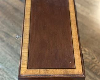 Vintage box and stand side table with hidden pull out shelf and satinwood banding. Measures 17" W x 9" D x 22" H. Photo 4 of 4.