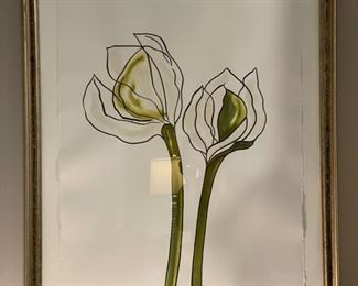 Pair of complimentary pen and watercolor flowers signed by artist. Each measures 29" W x 36" H. Photo 2 of 3.