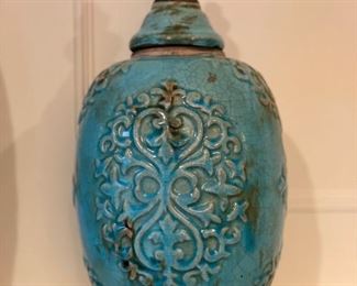 Decorative blue lidded jar. Measures 13" H.