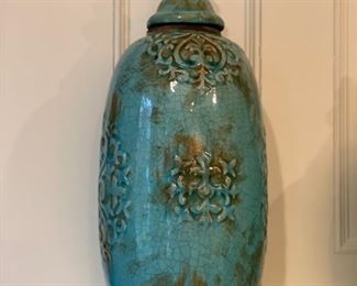 Decorative blue lidded jar. Measures 18" H.