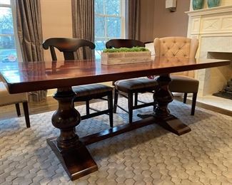 Arhaus extension pedestal farm table. Measures 79" L X 39" D x 30" H with 28" clearance. Comes with two 20" leaves. Photo 1 of 3.