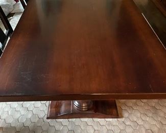Arhaus extension pedestal farm table. Measures 79" L X 39" D x 30" H with 28" clearance. Comes with two 20" leaves. Photo 2 of 3.