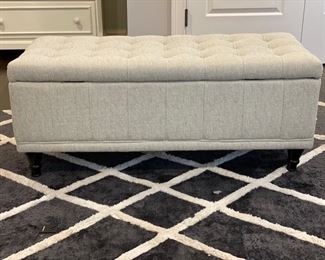 Linen upholstered storage bench. Measures 17" x 17" x 42" W. Photo 3 of 3.
